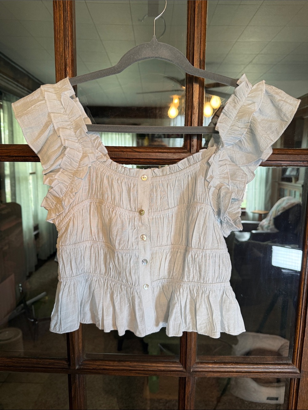 Thirty Thirty LA Light Blue Smocked Ruffle Crop Top Button Front NWT Medium